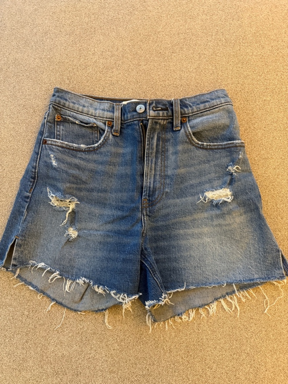 Abercrombie & Fitch Curve Love High Rise 4” Distressed Mid-Blue Denim Shorts